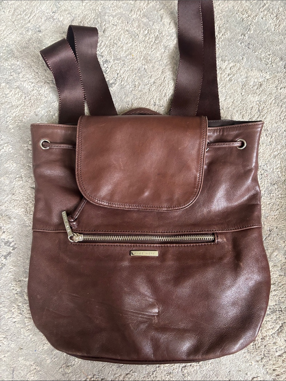 Nine West Brown Leather Drawstring Backpack with Front Zip